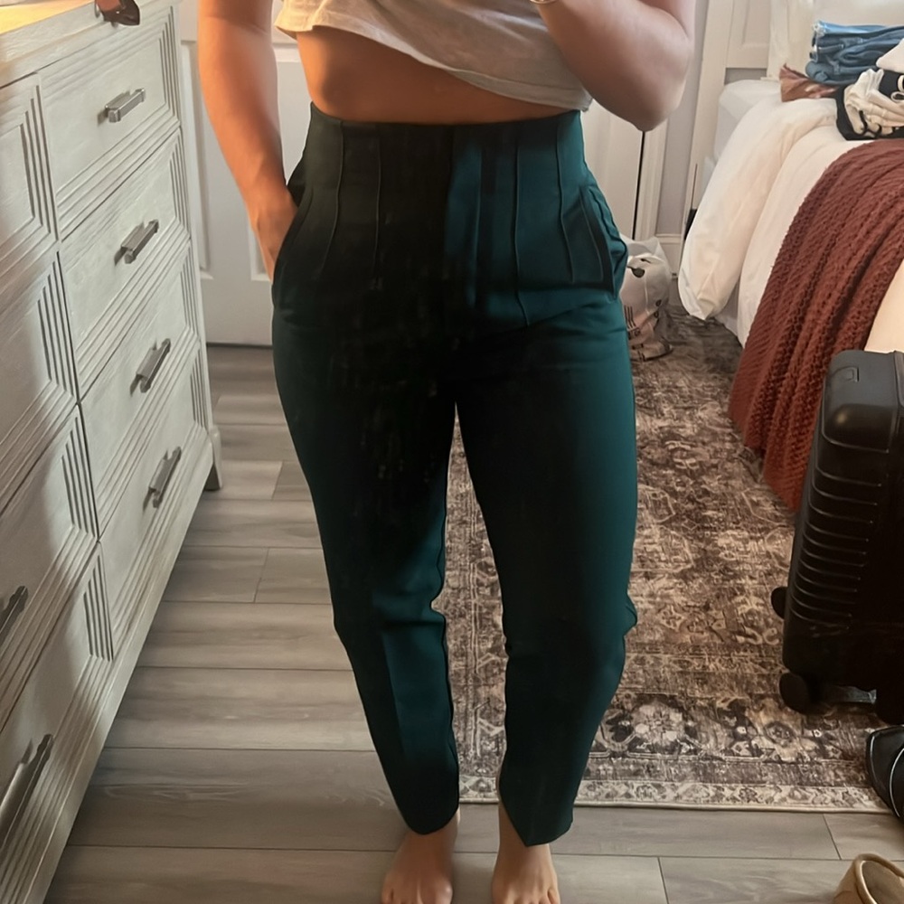 Zara High Waist Straight Leg Trousers - Dark Green Size S